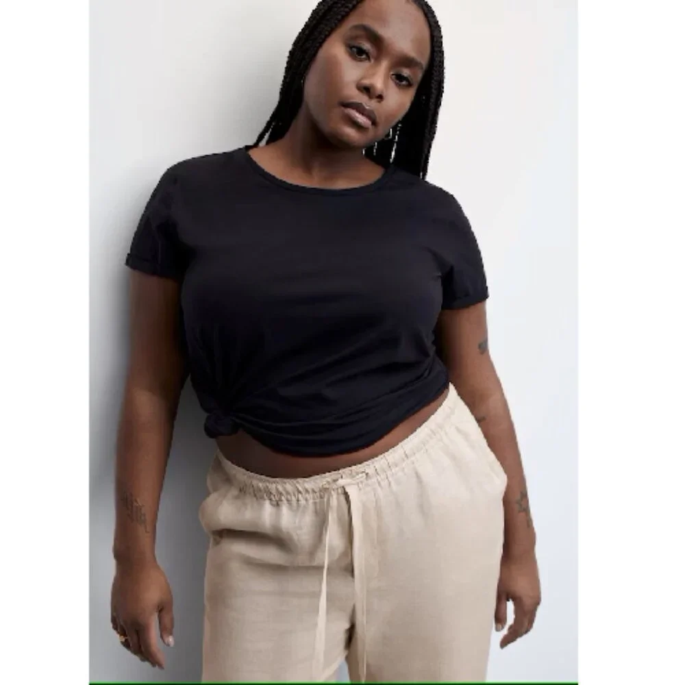 Mango MNG NWT 100% Linen Straight Pants Summer Elastic Waist Drawstring Size 1XL